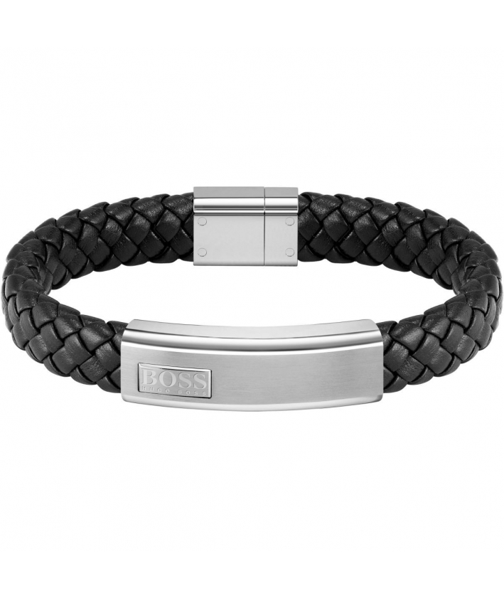 Boss bracelet homme cuir noir et acier