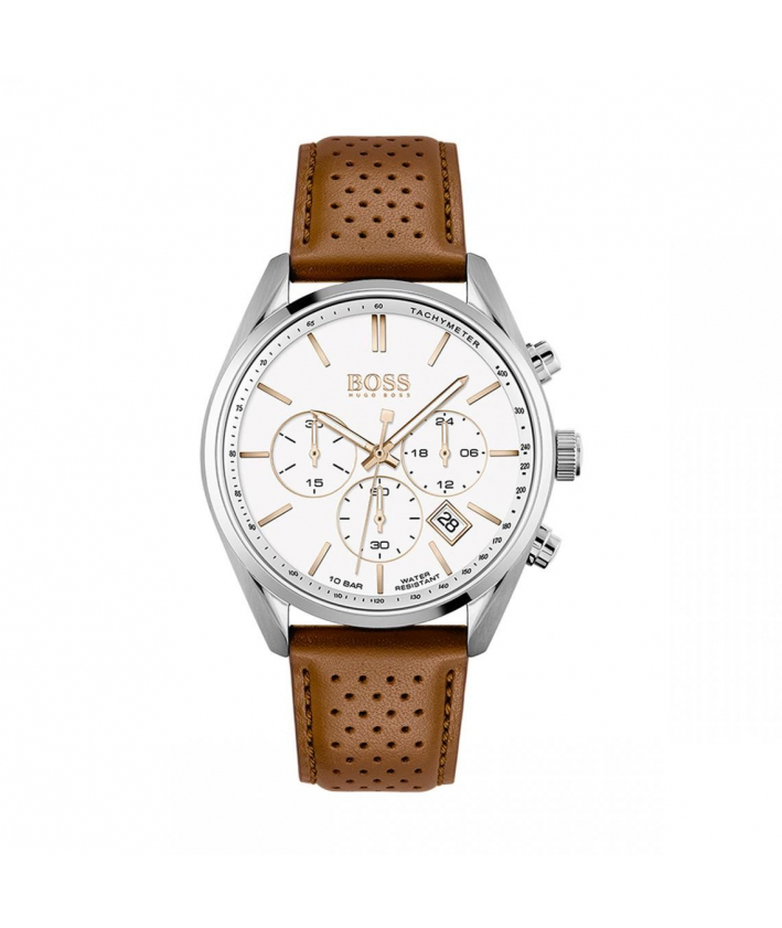 Boss Montre Homme Champion cadran blanc et cuir marron