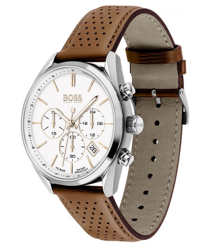 Boss Montre Homme Champion cadran blanc et cuir marron