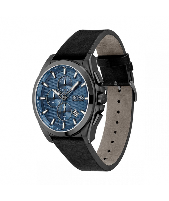 Boss Montre Homme Grandmaster cadran bleu et bracelet cuir noir